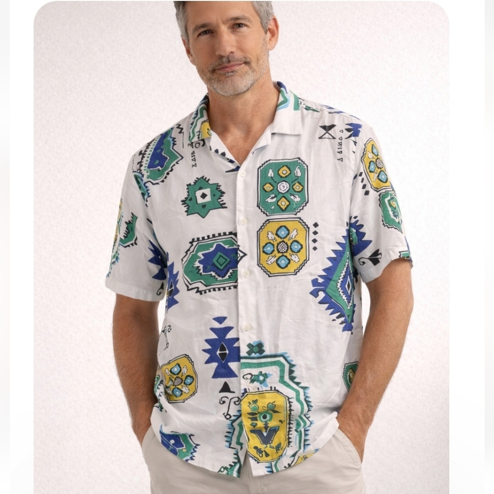Denim & Flower Ricky Singh Geometric Print Shirt Short Sleeve Button Up  L